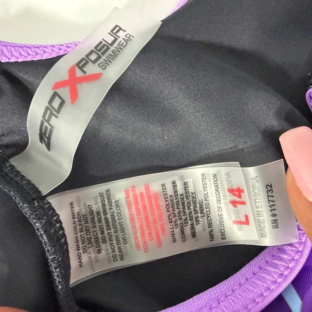 ZeroXposur‎ Girls Tropical Leaf One Piece Swimsuit Purple Blue Zip Front Sz L 14